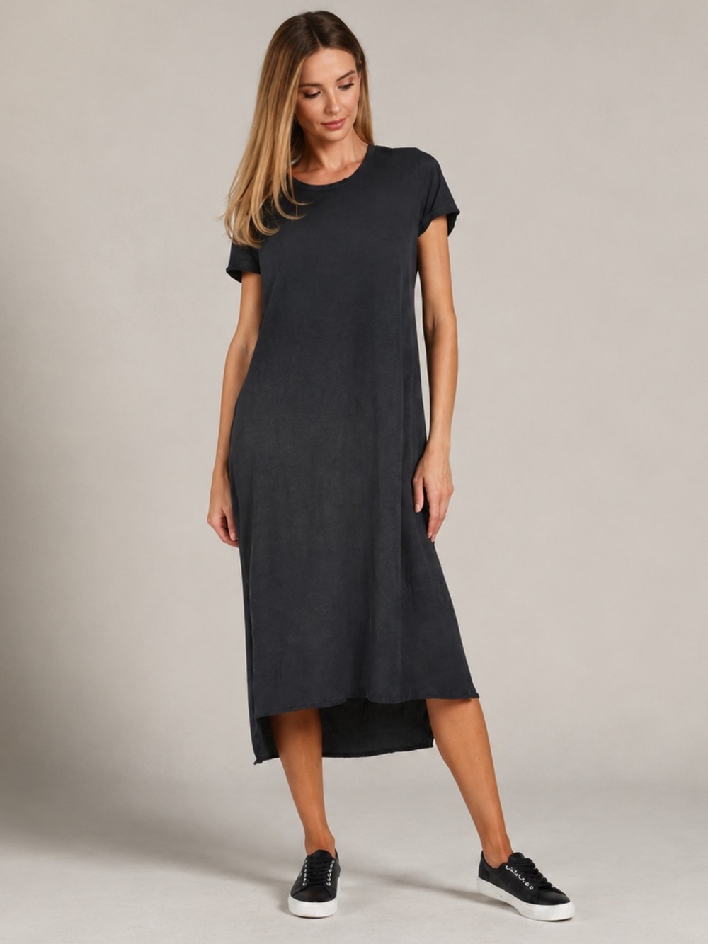 Michael Lauren Augustus Onyx Cotton Midi T-Shirt Dress Minimalist Small